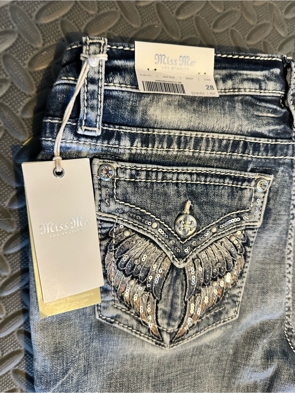 Miss Me Women's Gray Boot Cut Jeans with Embellished Wing Pockets